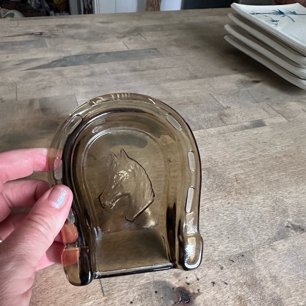Vintage brown glass horse ashtray trinket dish